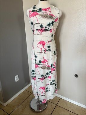 Passion vintage Sleeveless White Maxi Dress with Pink Flamingo Print